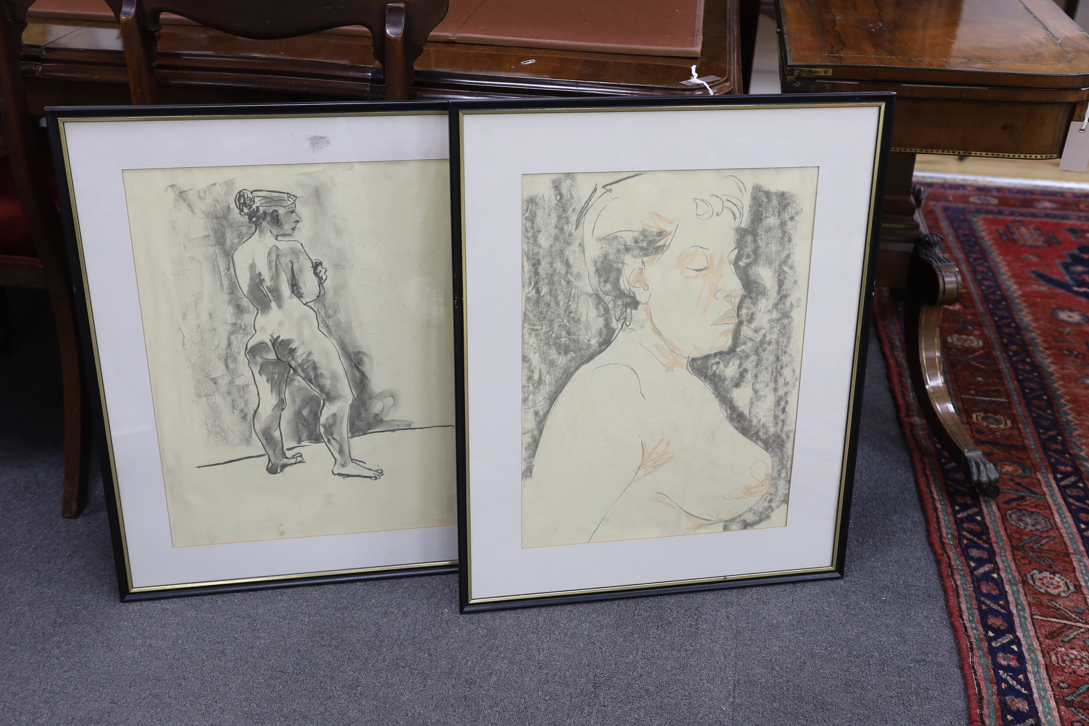 Hugo “Puck” Dachinger (1908-1995), six charcoal sketches, Nude studies, unsigned, four mounted, largest 53 x 40cm, two framed